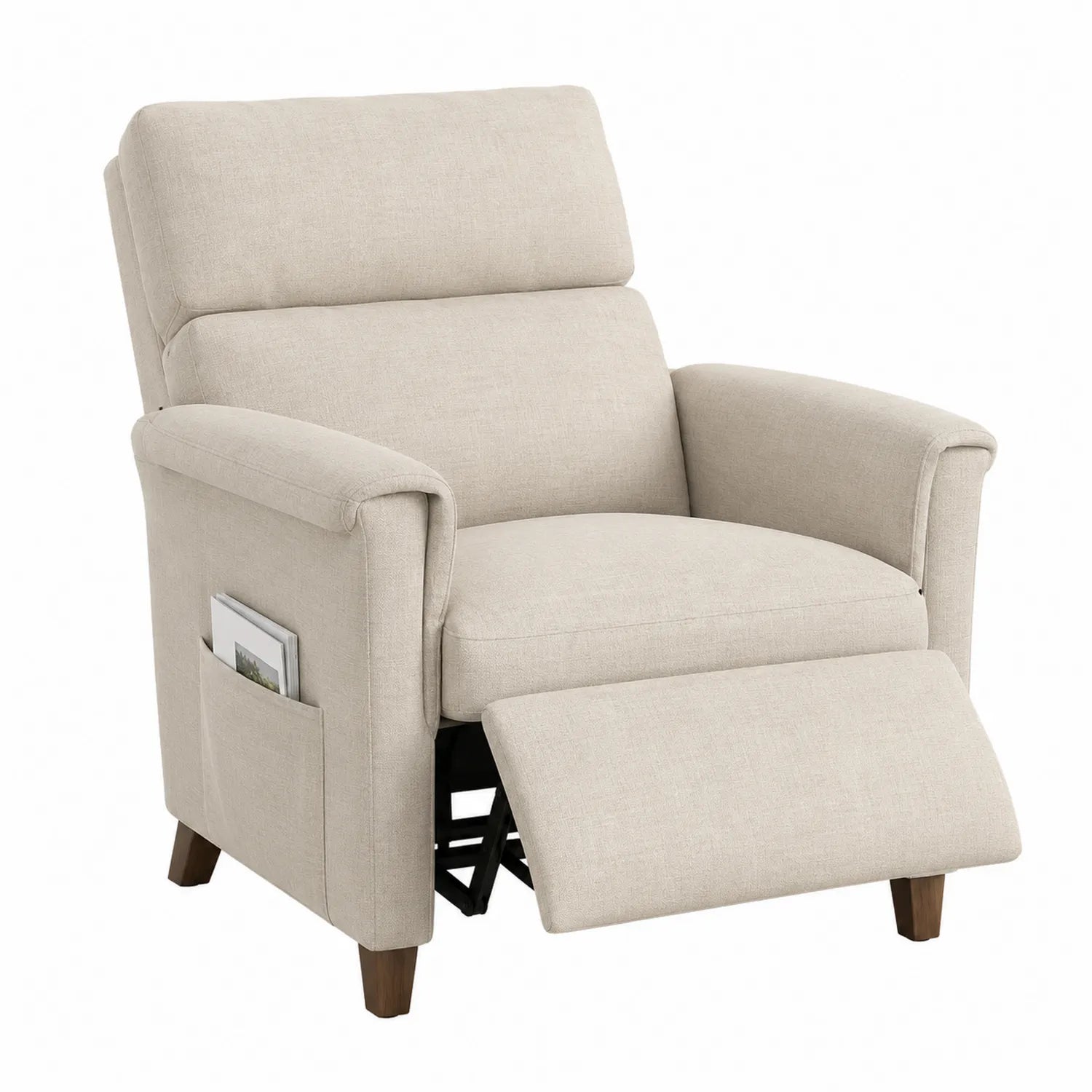 Leinenstoff Sessel mit Holzbeinen und Fußstütze Beige