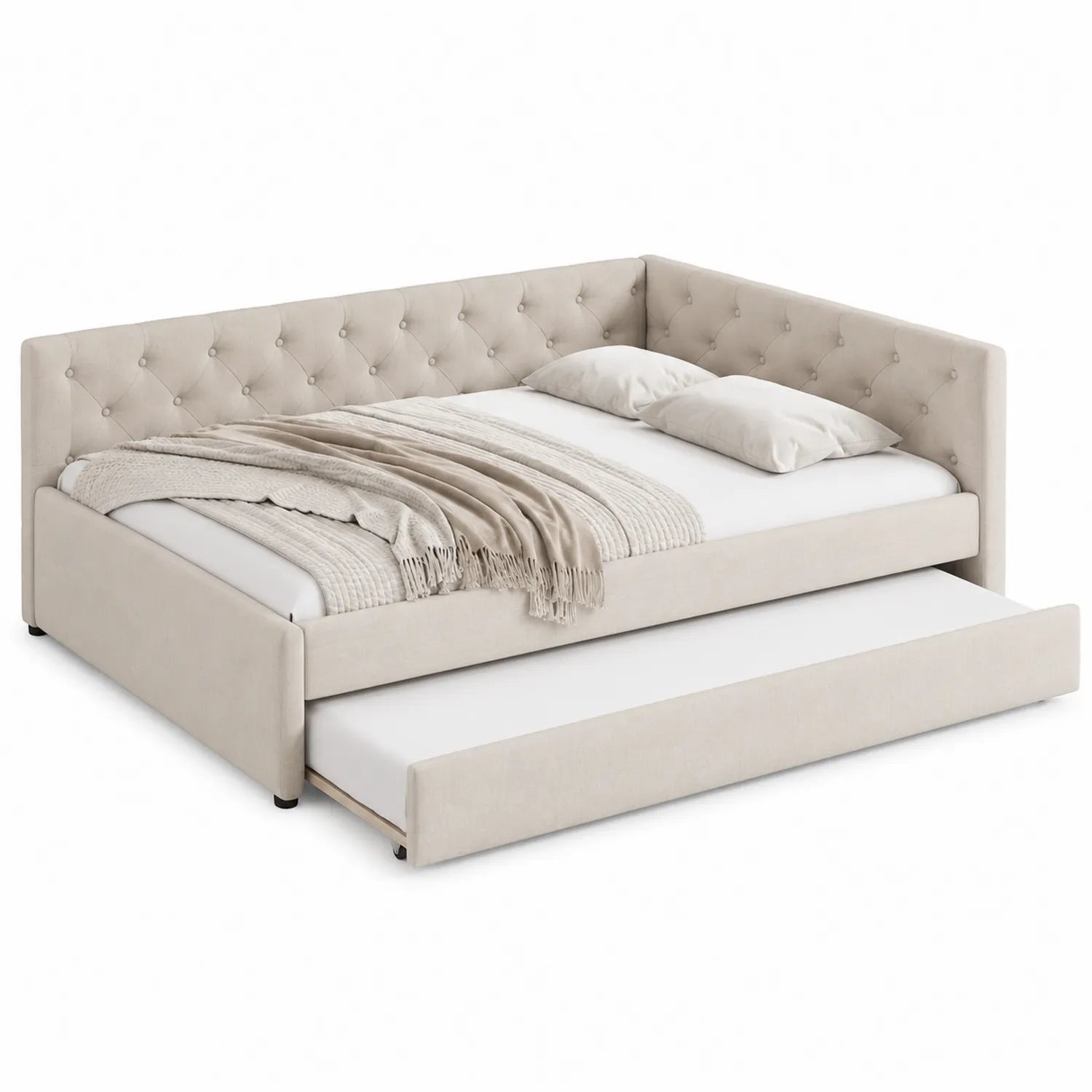 Polsterbett mit ausziehbarem Bettkasten Stoff Beige 200x90 cm