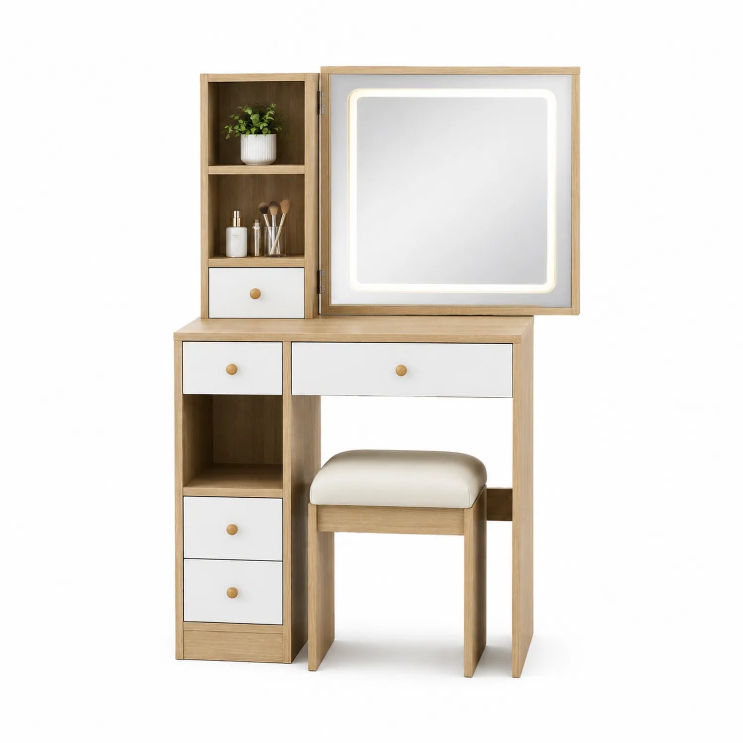Holz Schminktisch Set mit LED Spiegel und Hocker Weiß