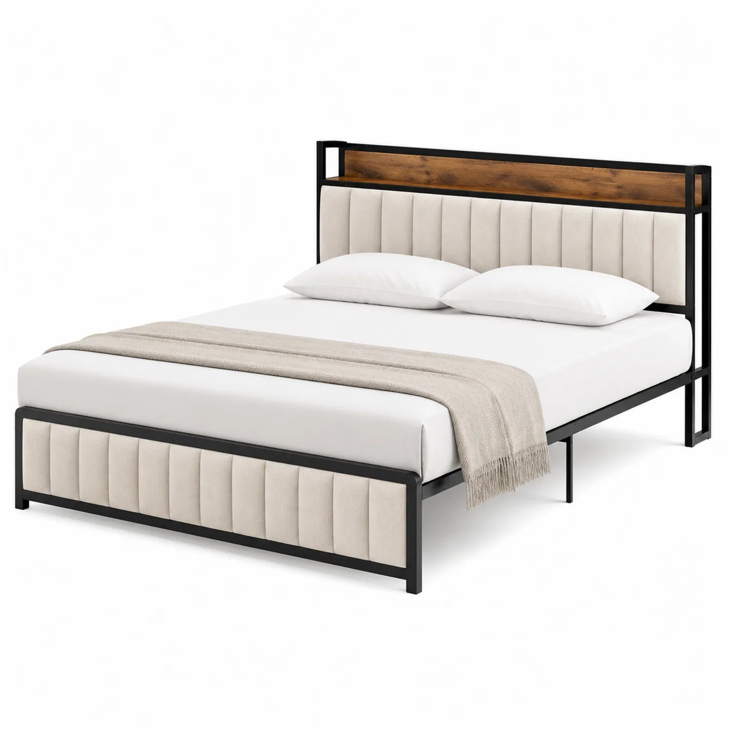 Metallbett mit Holz- und Stoffpaneel 160x200 cm Beige/Schwarz