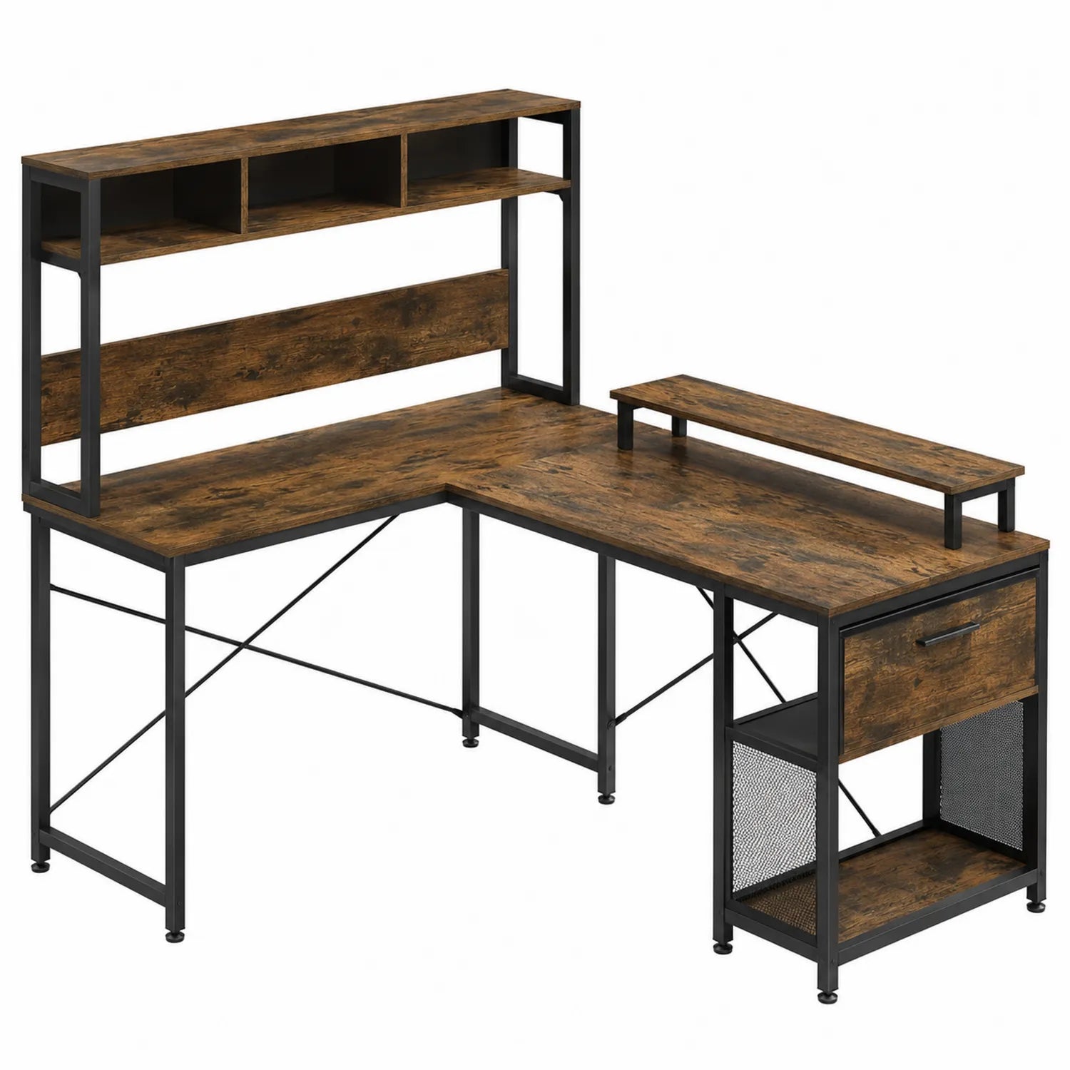 L-förmiger Schreibtisch Holzspanplatte Schwarzes Metall Schwarzbraun 140x130x75cm