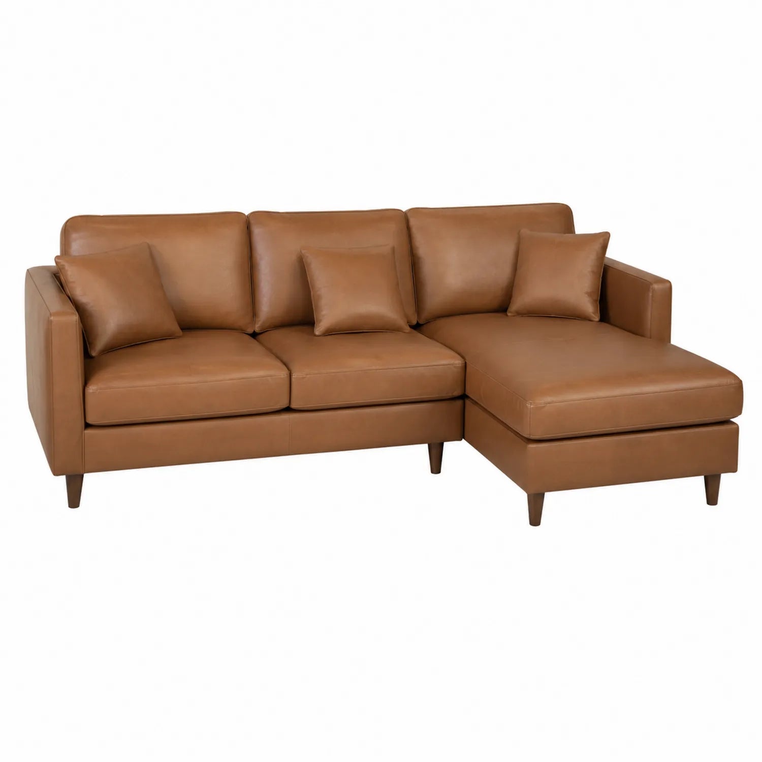 Braunes Leder-Ecksofa mit Ottomane und Kissen